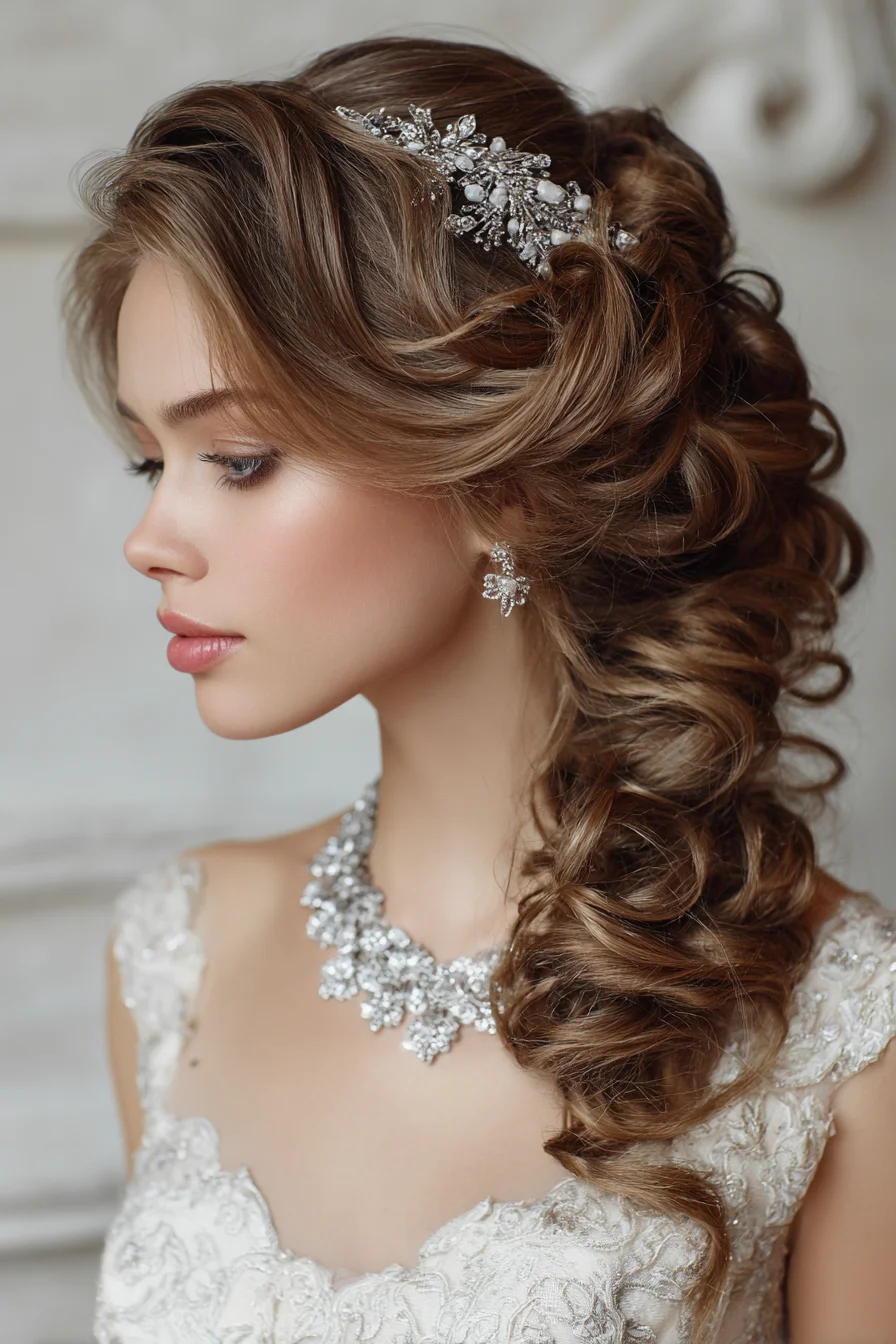 Romantic Side-Swept Curls with Ornate Hairpiece