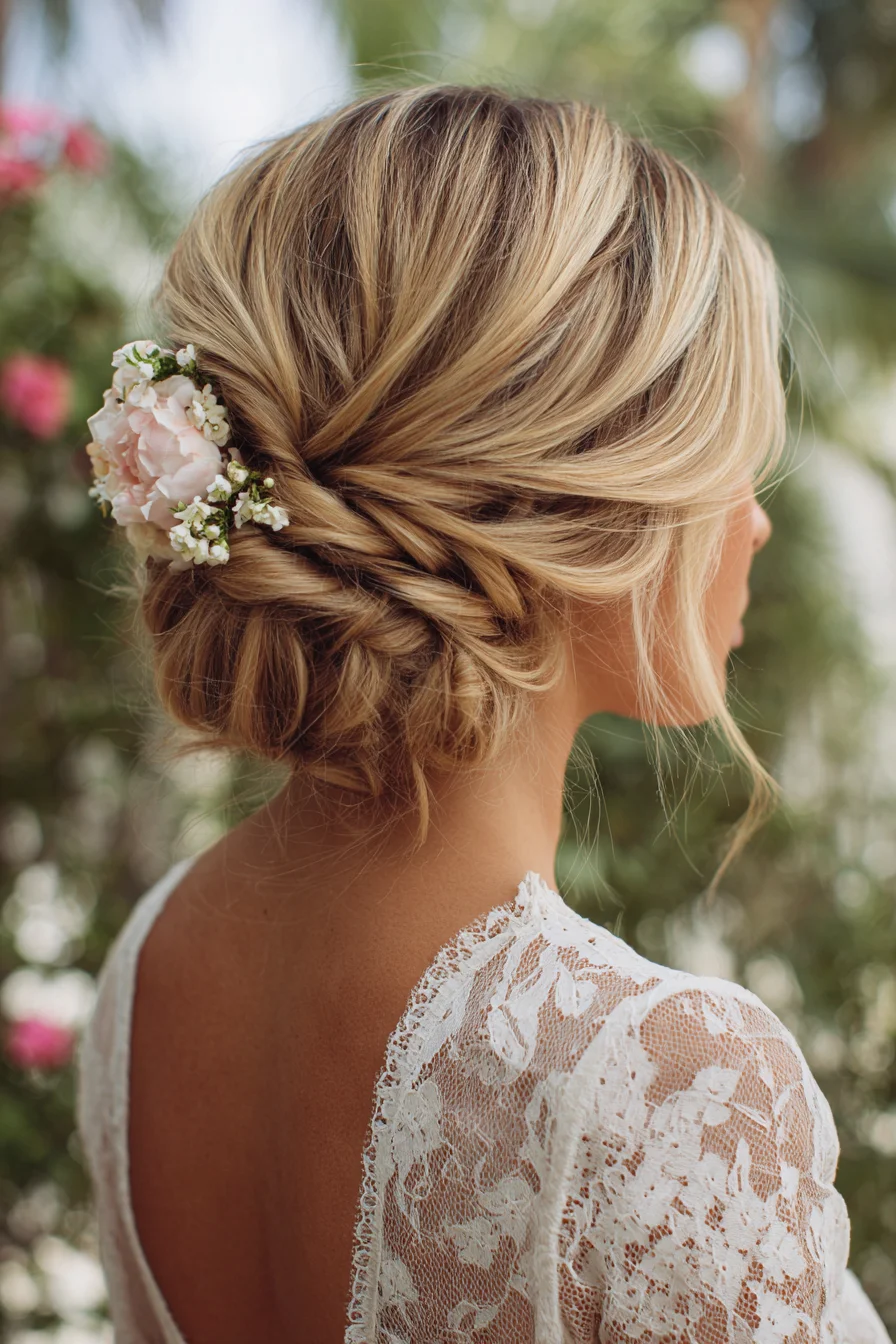 Romantic Soft Twisted Low Bun with Floral Accent