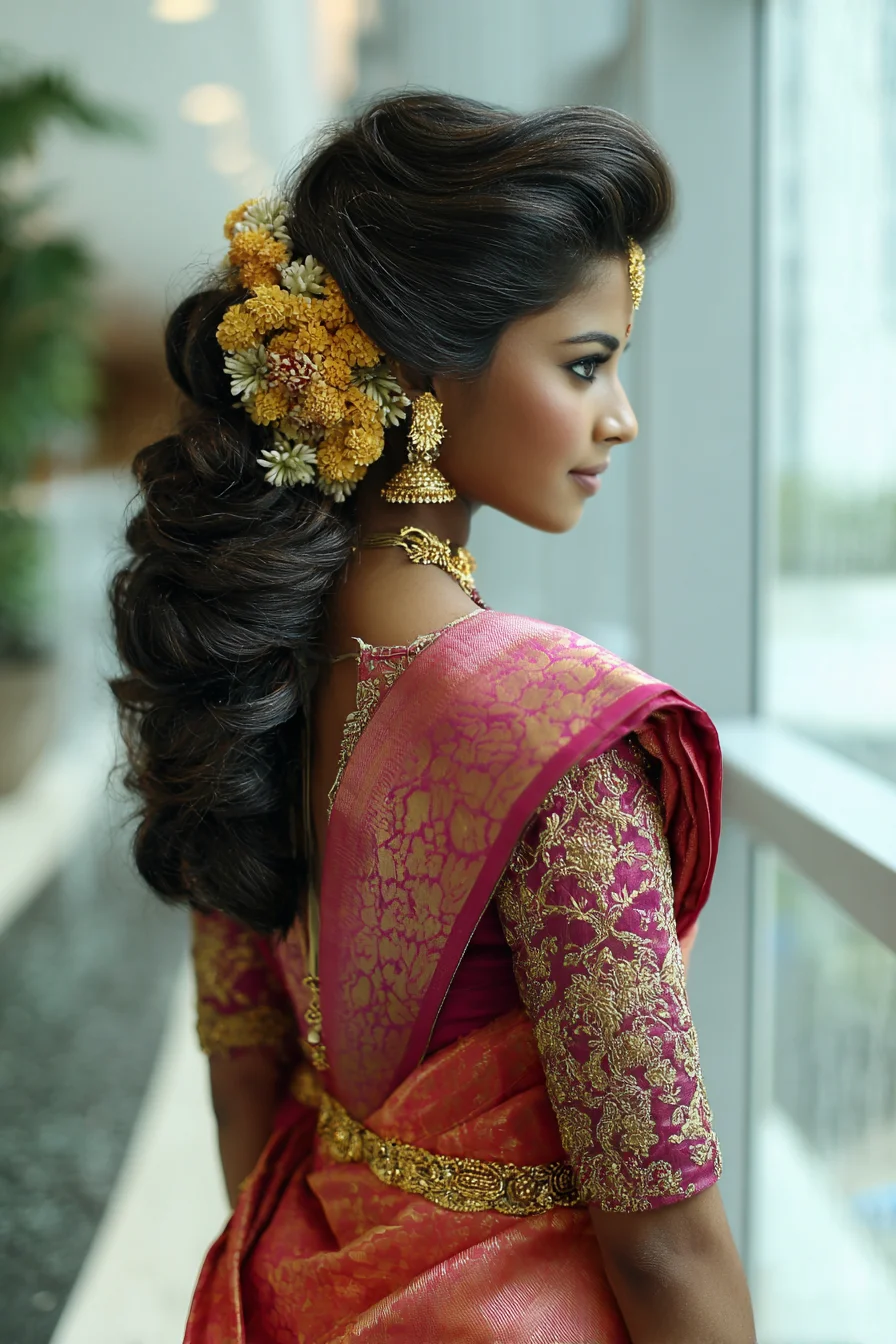 Romantic South Indian Bridal Side-Swept Curls with Flowers