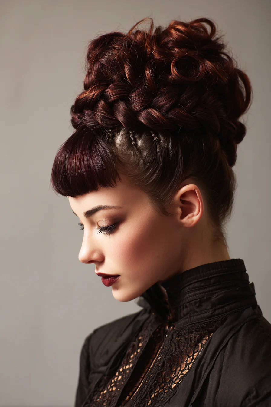 Romantic Textured Braided Updo with Blunt Fringe