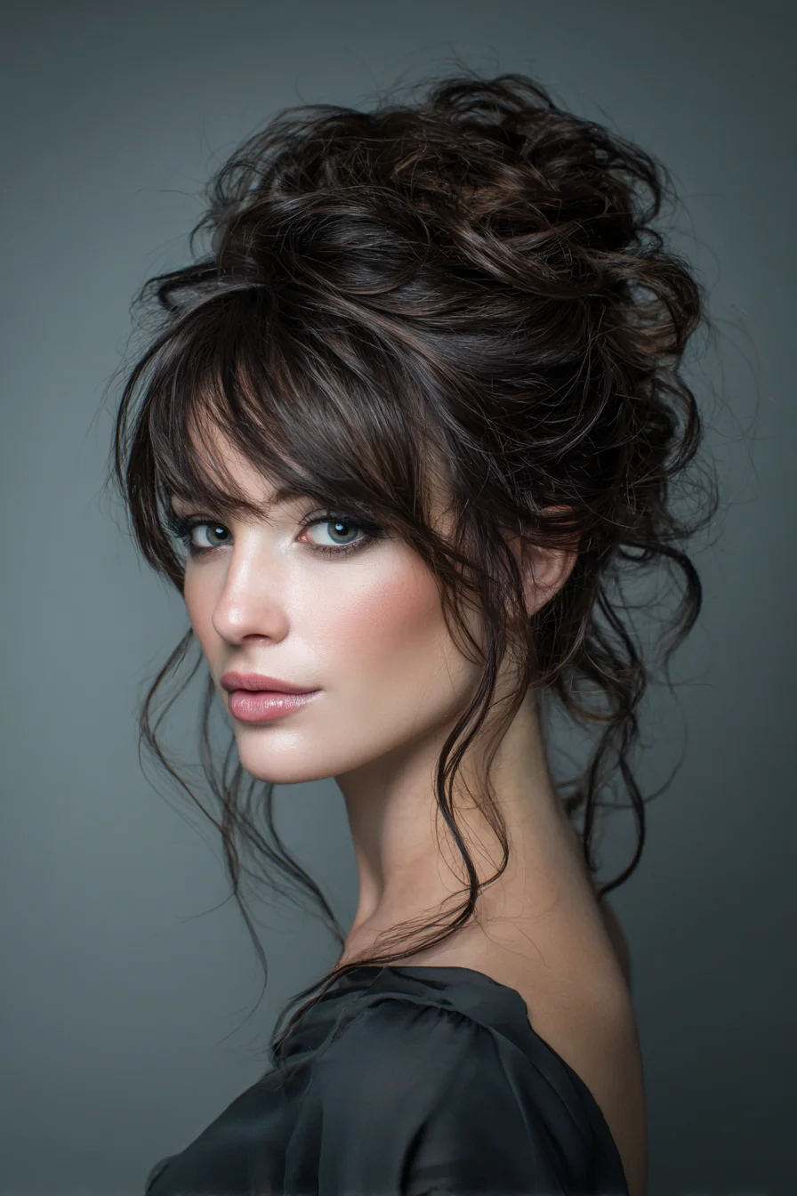 Romantic Tousled Updo with Curtain Bangs for Events