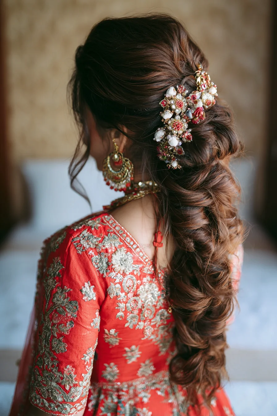 Romantic Twisted Braid with Floral Bridal Hairpiece