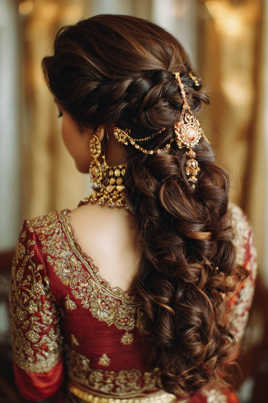 Romantic Twisted Half-Up with Cascading Curls and Jewelry