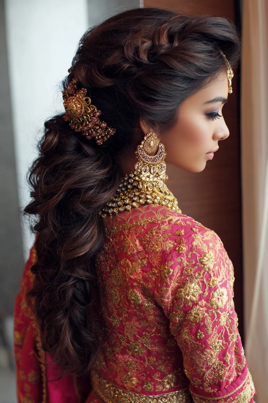 Romantic Twisted Pony-Braid with Gold Bridal Jewelry