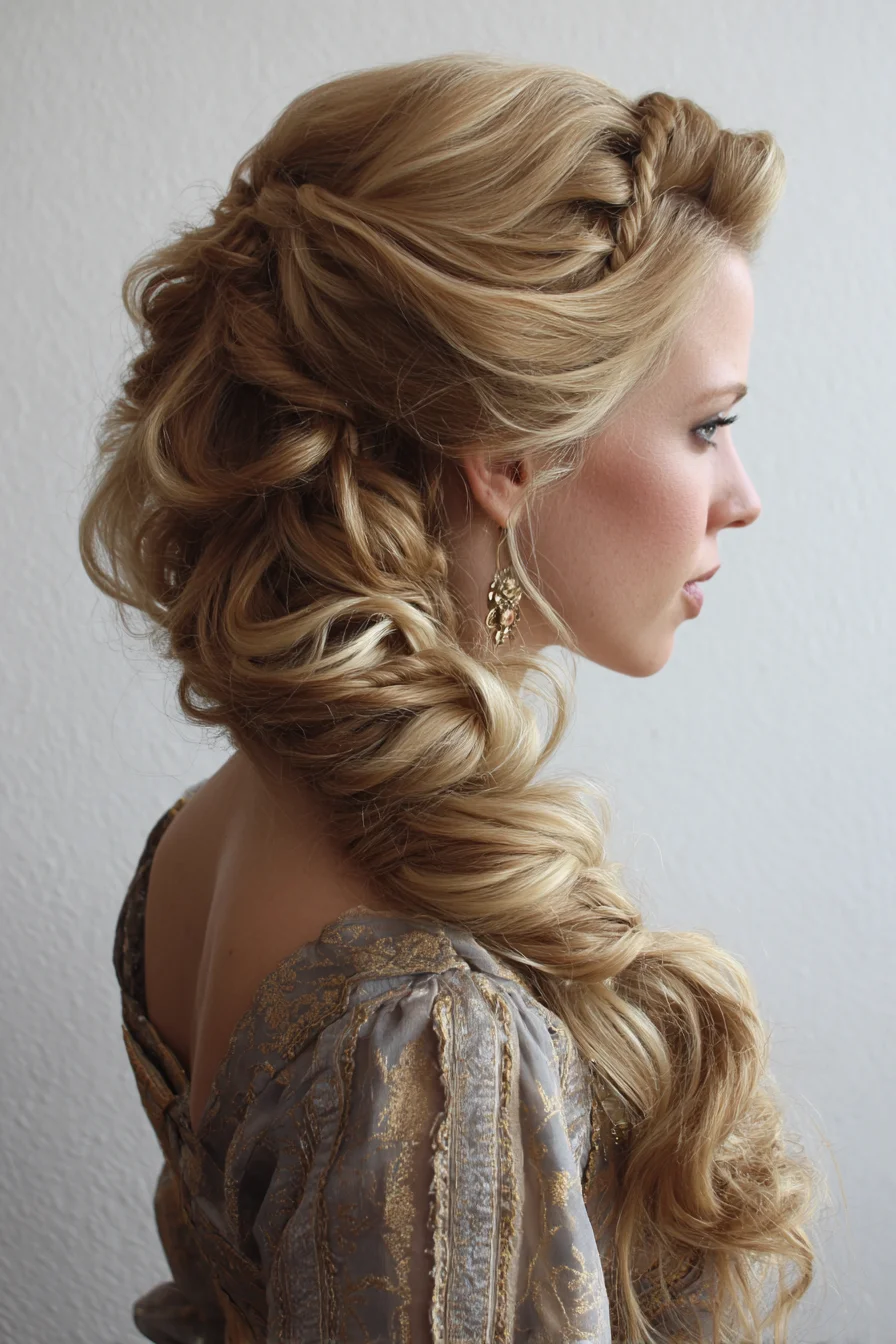 Romantic Twisted Side Braid with Boho Volume and Soft Curls