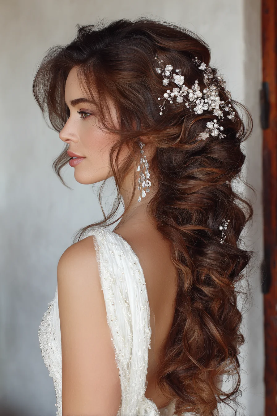 Romantic Voluminous Half-Up Curls with Delicate Floral Pins