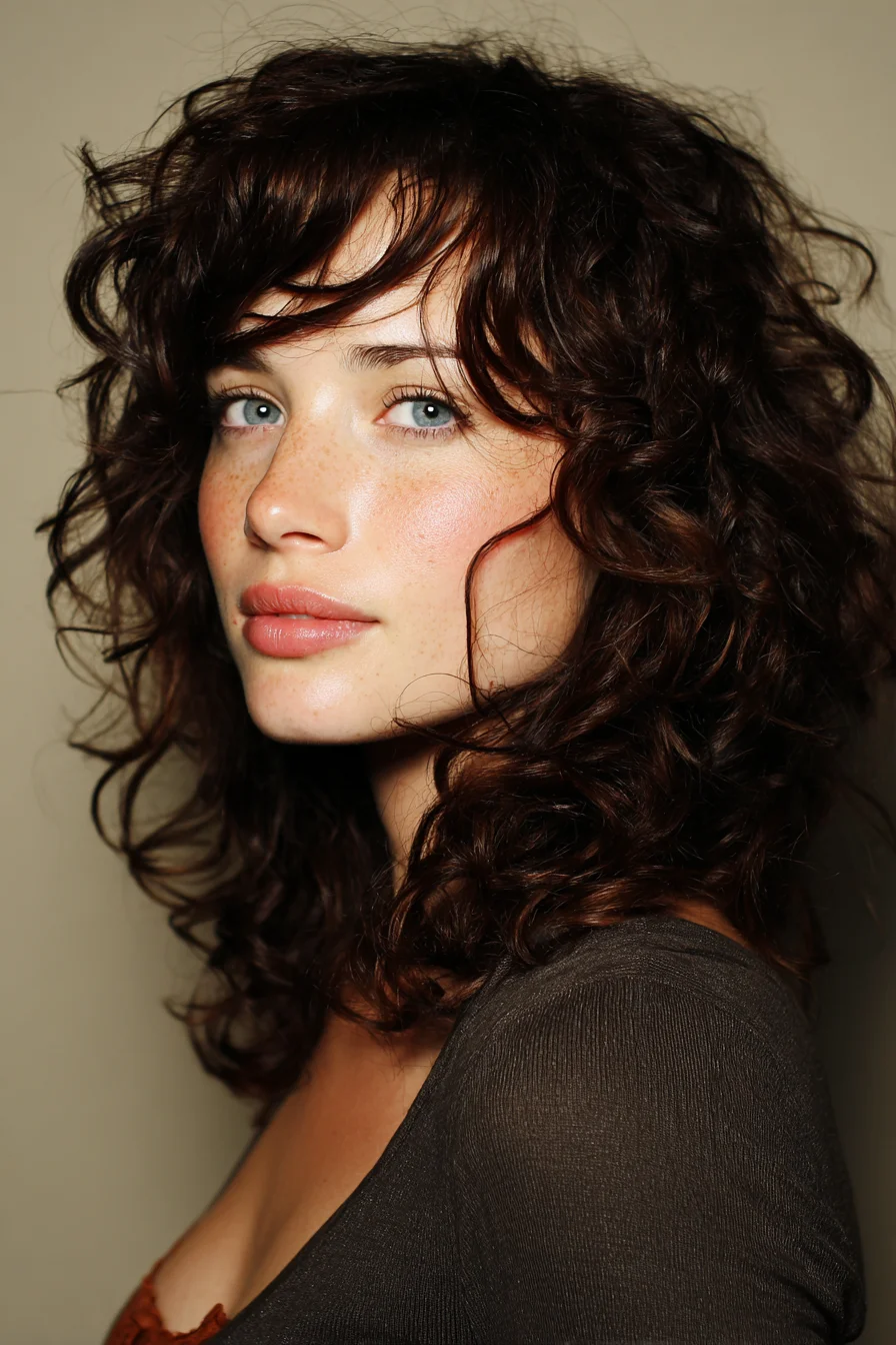 Shaggy Curly Lob with Curtain Bangs and Face-Framing