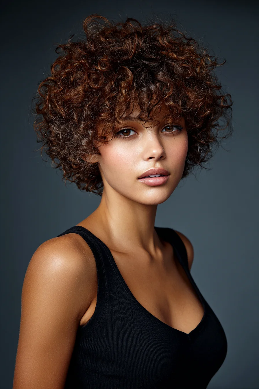 Short Curly Crop with Soft Bangs Playful & Low-Maintenance