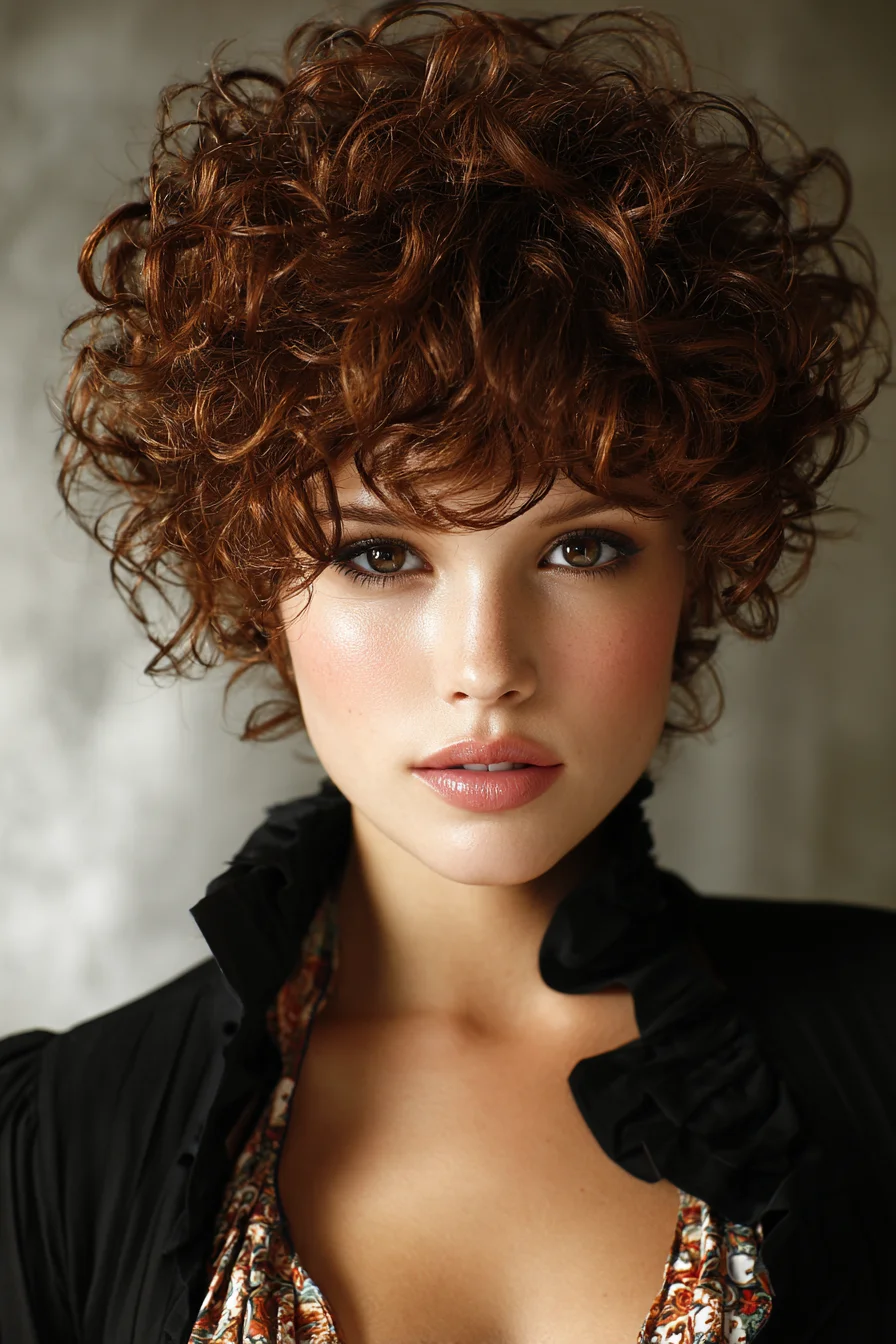 Short Curly Pixie with Tousled Volume and Soft Fringe
