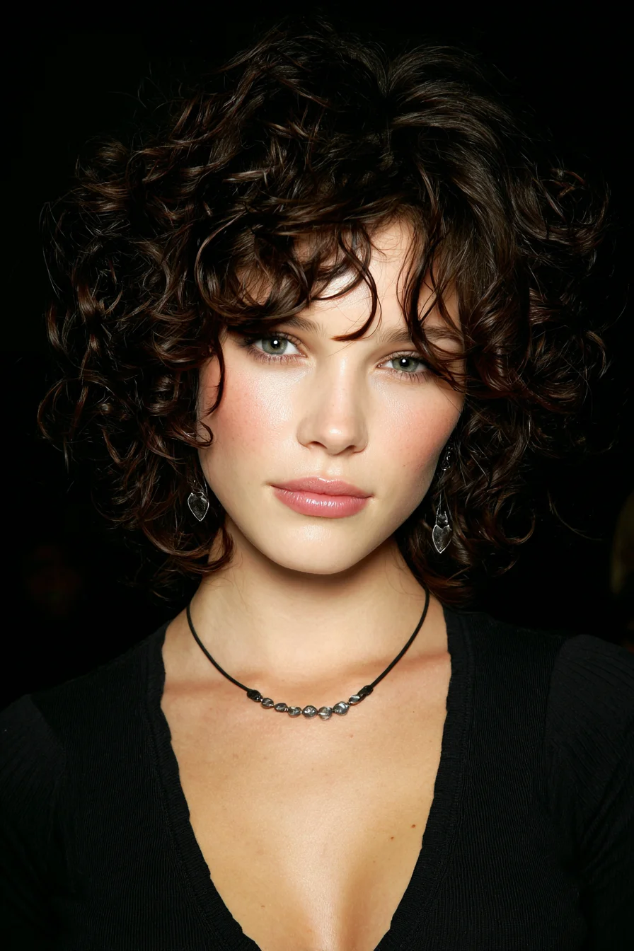 Short Layered Curly Bob with Curtain Bangs and Volume