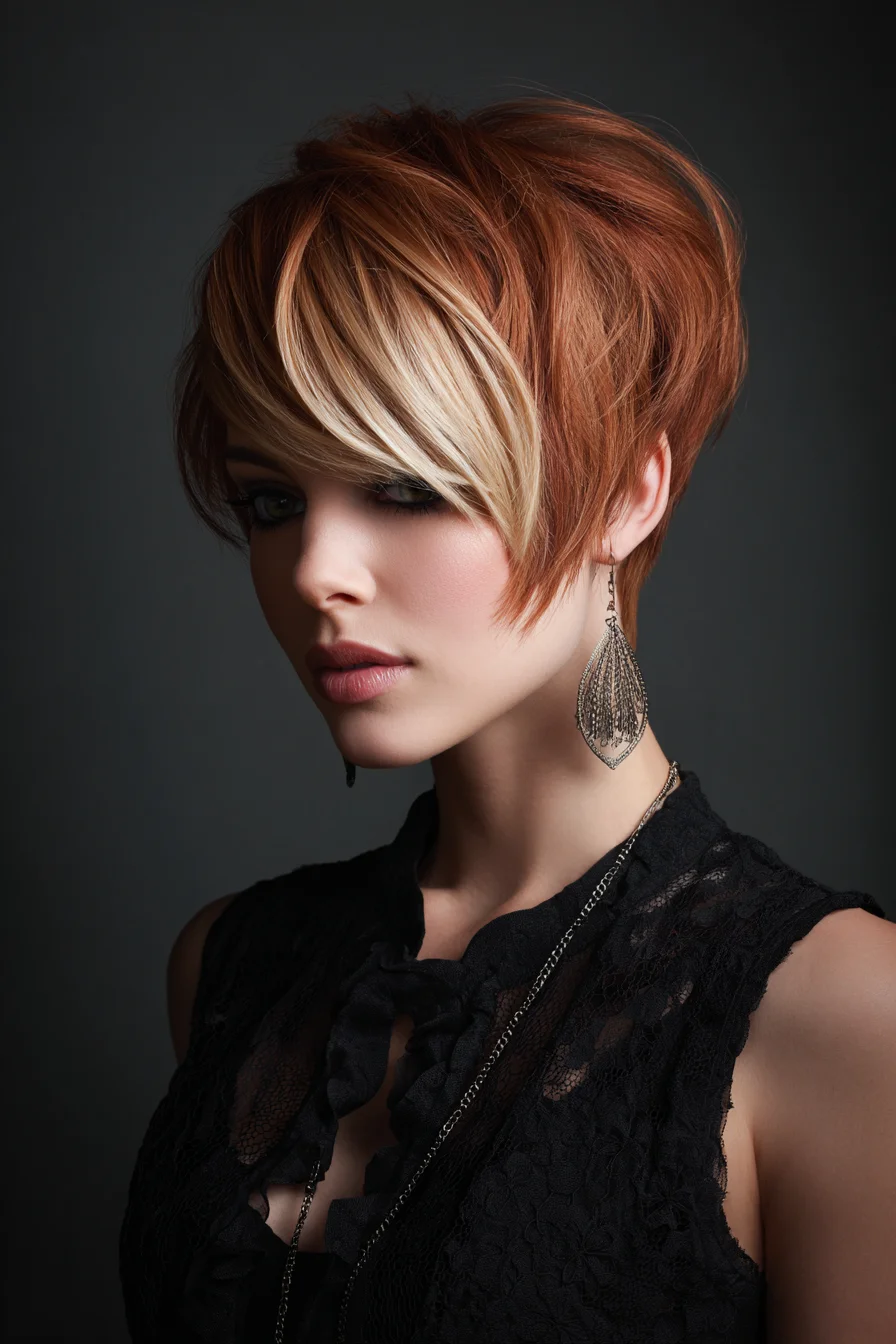 Short Layered Pixie with Long Side Bangs and Highlights