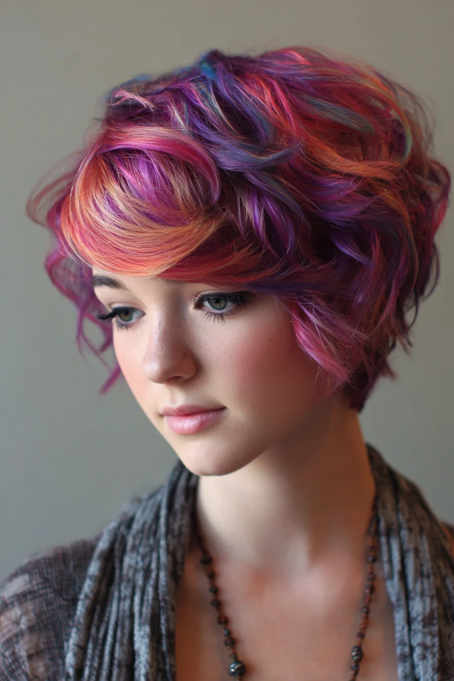 Short Rainbow Pixie with Soft Waves and Swoopy Side Bangs