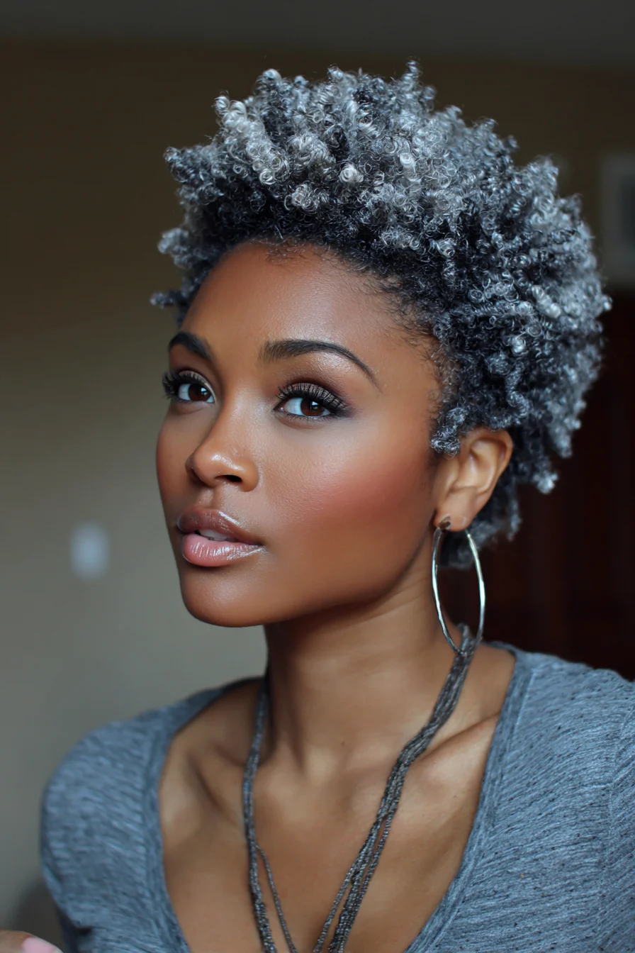 Short Silver-Tipped Natural Curls - Soft Tapered Afro