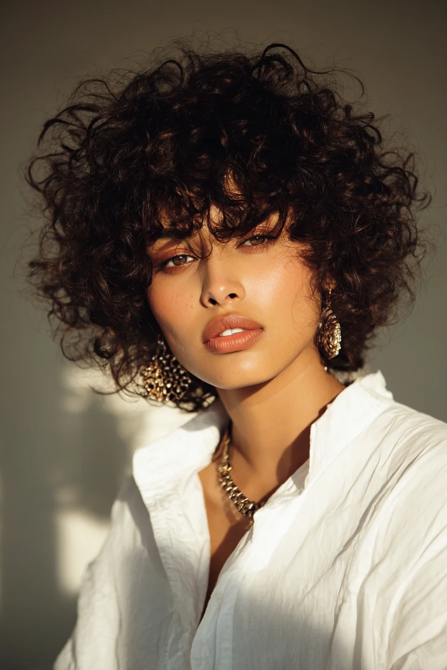 Short Voluminous Curly Bob with Curtain Bangs