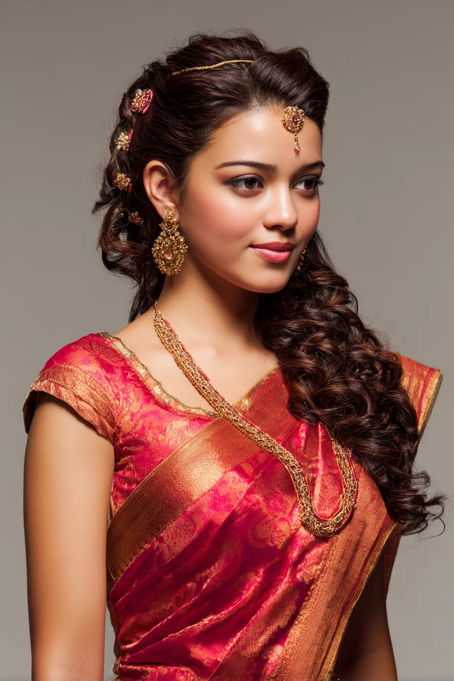 Side-Swept Curls and Braided Accents with Gold Jewelry