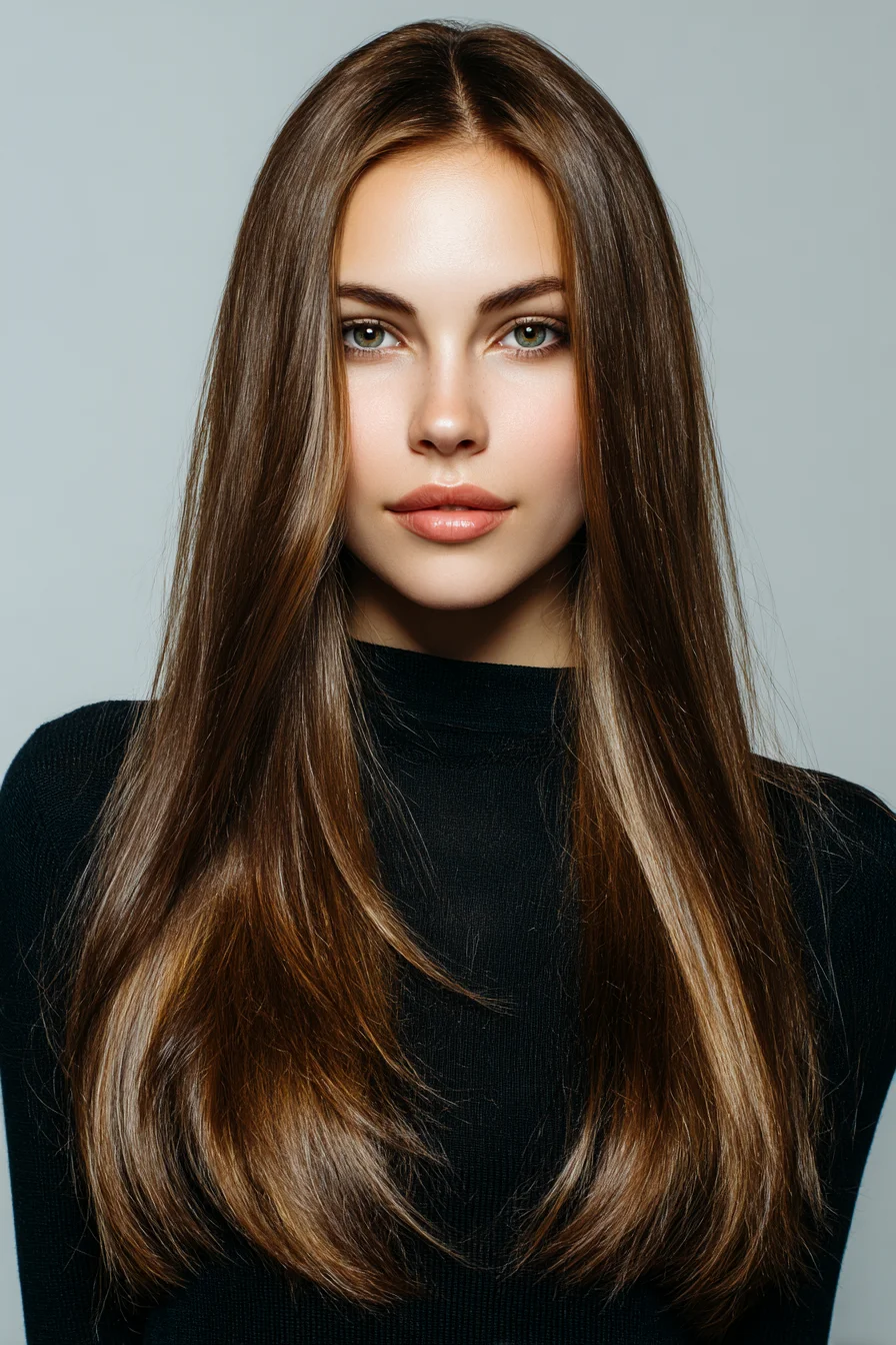 Sleek Center-Part Long Hair with Soft Layered Ends