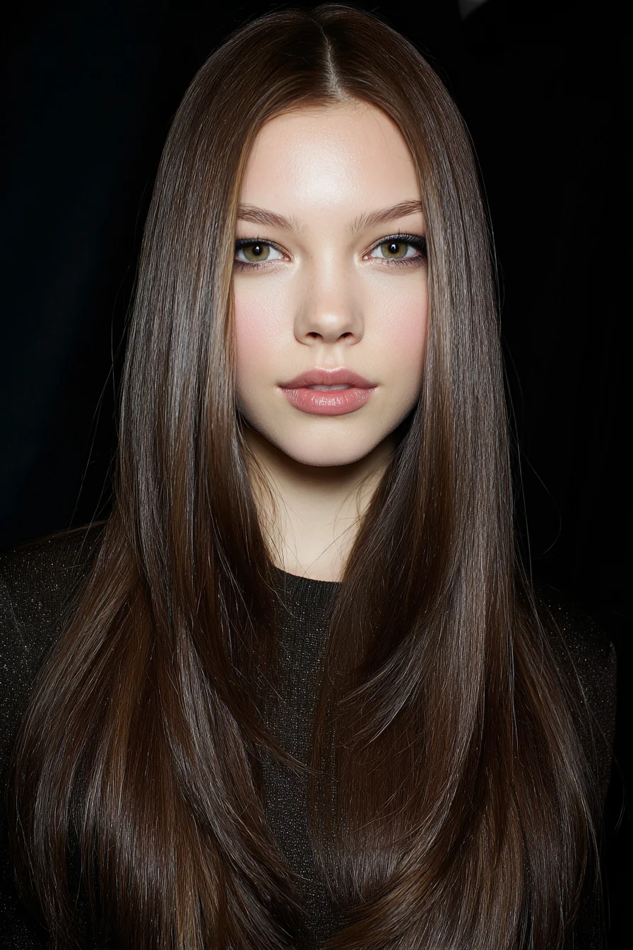 Sleek Center-Part Long Layers for Shiny Hair and Face-Framing