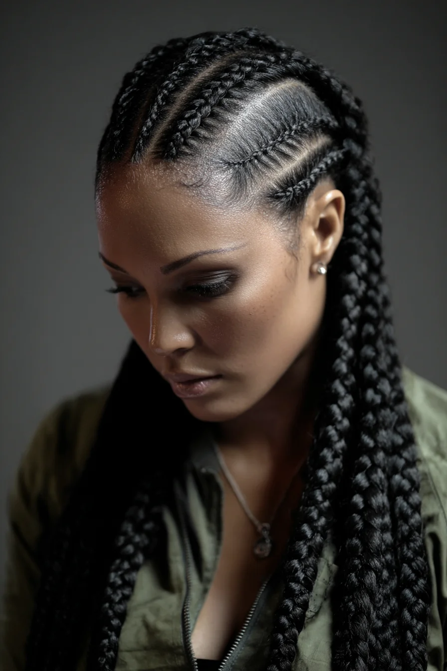 Sleek Feed-In Cornrows Into Long Chunky Box Braids