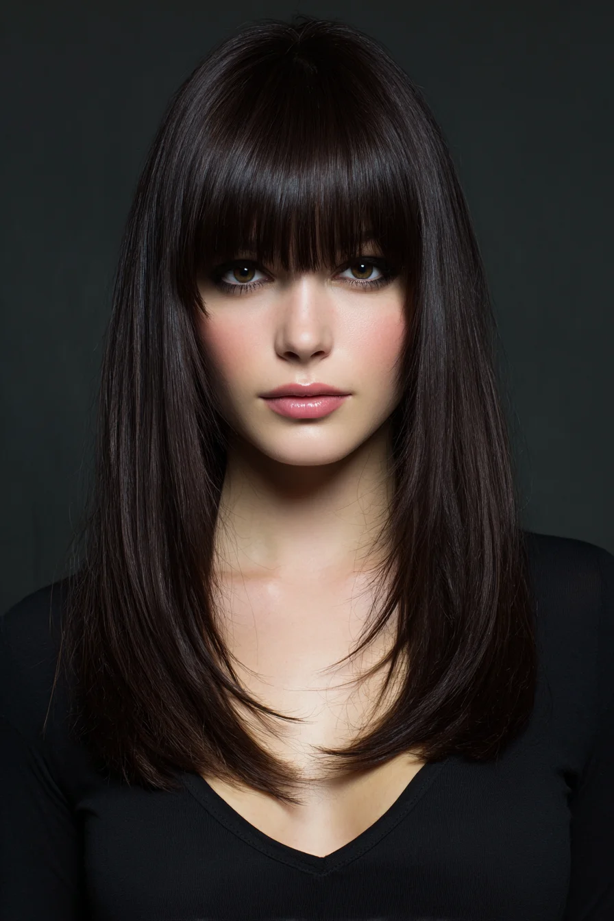 Sleek Layered Lob with Full Straight Bangs, Polished Finish