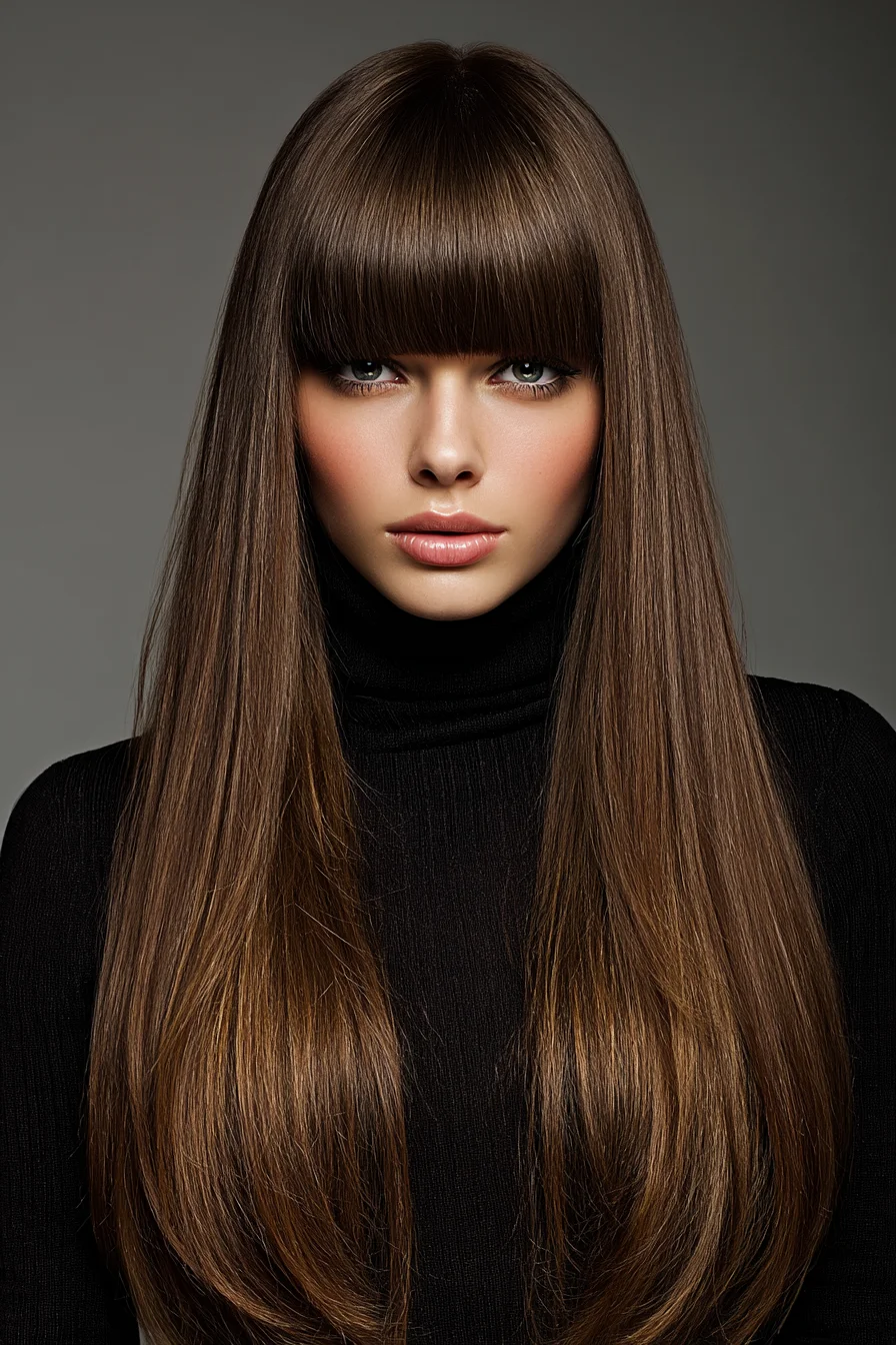 Sleek Long Chocolate Hair with Thick Blunt Bangs