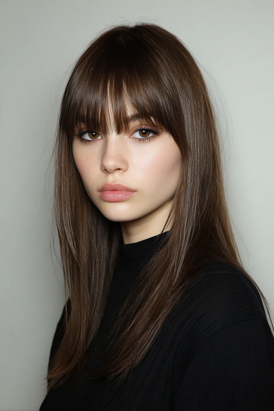 Sleek Long Hair with Blunt Brow-Skimming Bangs