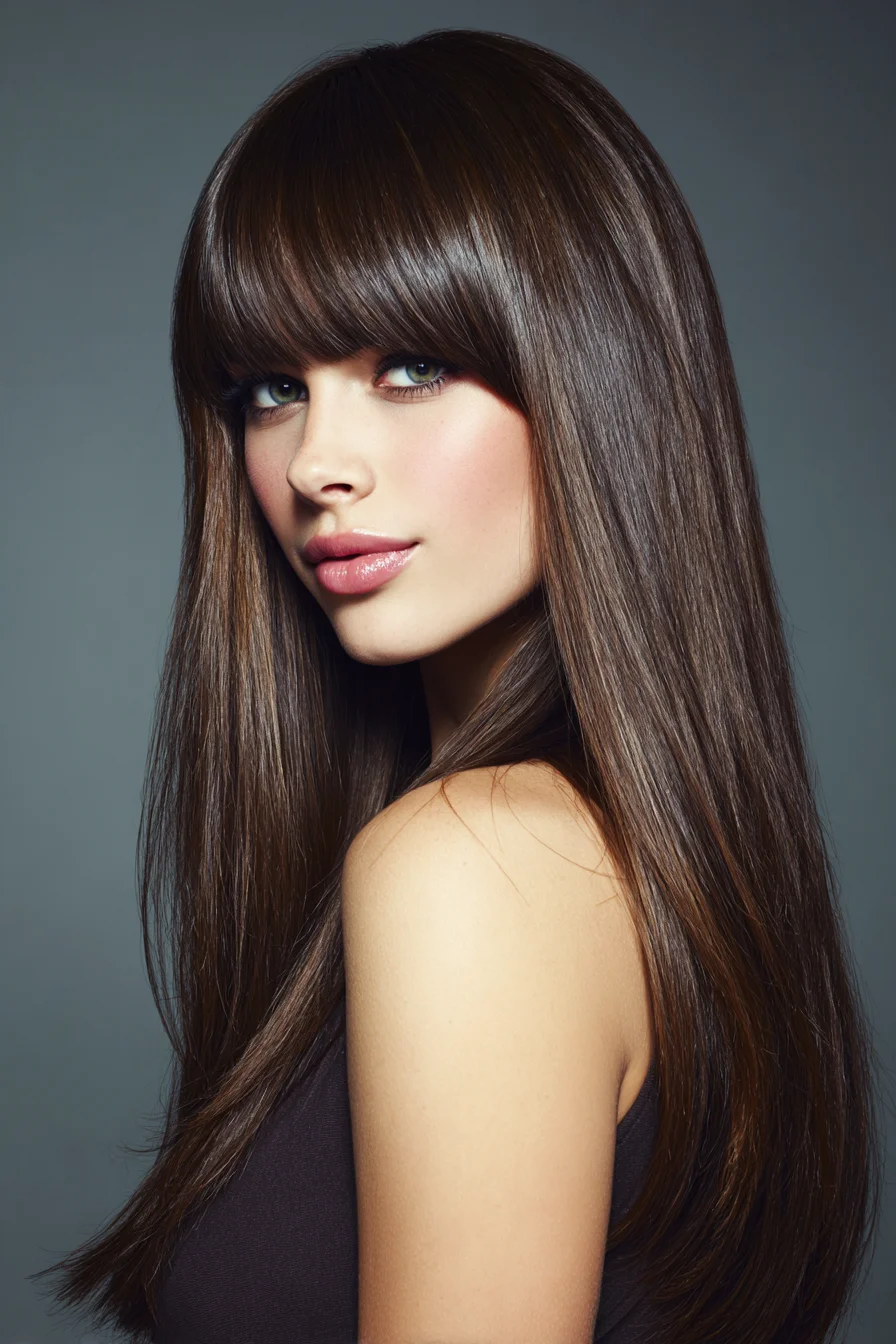 Sleek Long Hair with Full Blunt Bangs for Everyday Chic