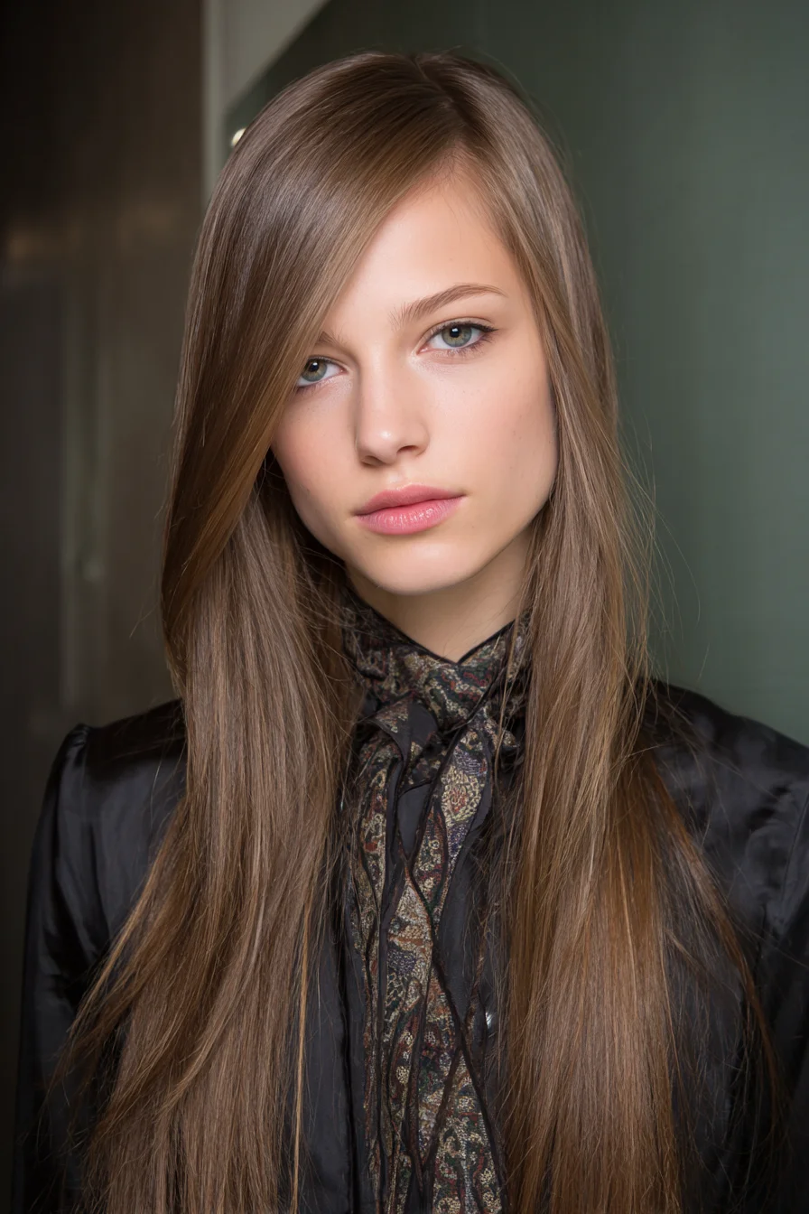 Sleek Long Layers with a Deep Side Part and Fringe