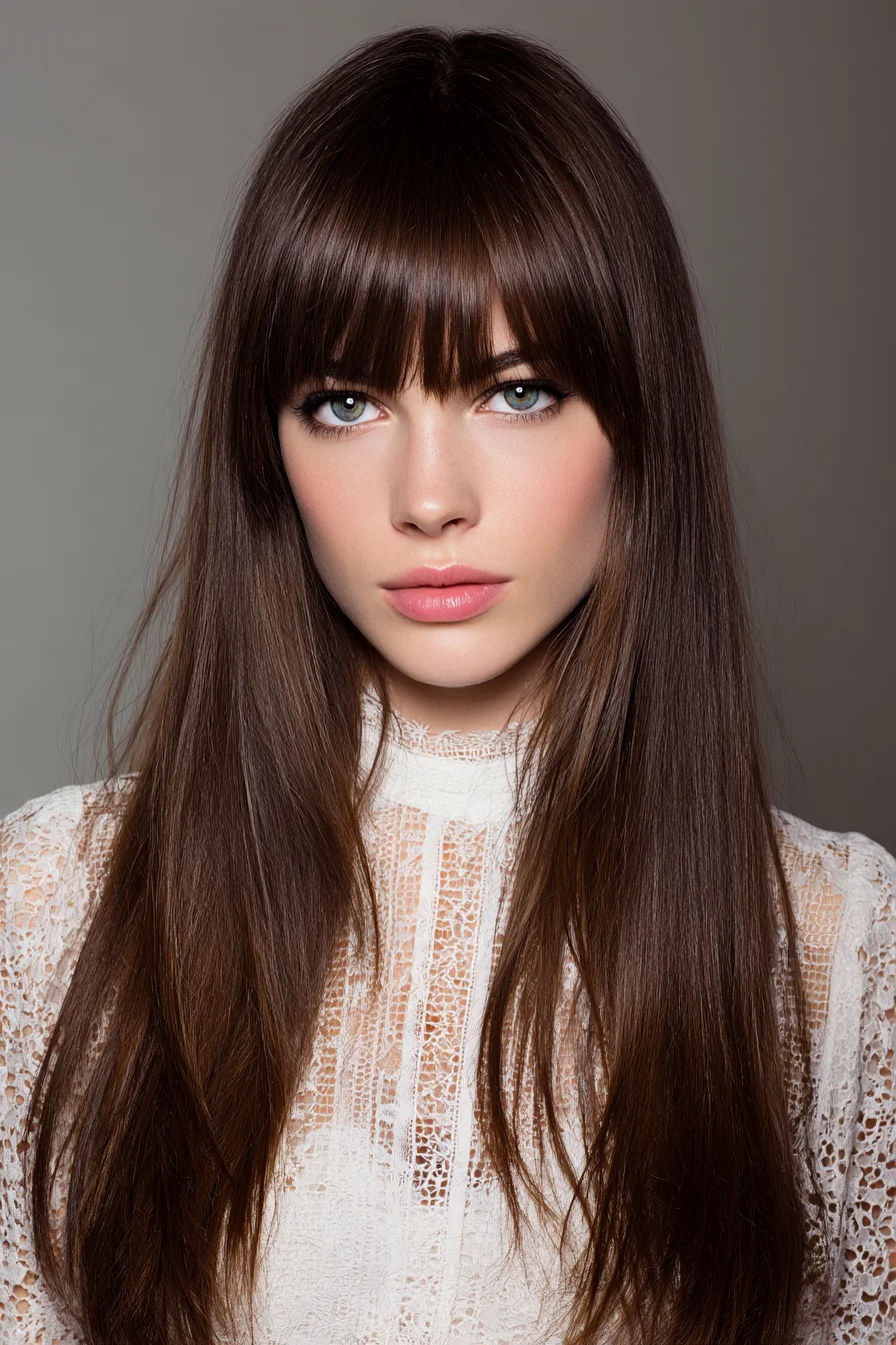 Sleek Long Layers with Blunt Bangs for Everyday