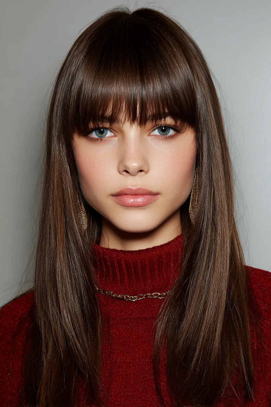 Sleek Long Layers with Blunt Brow-Grazing Bangs