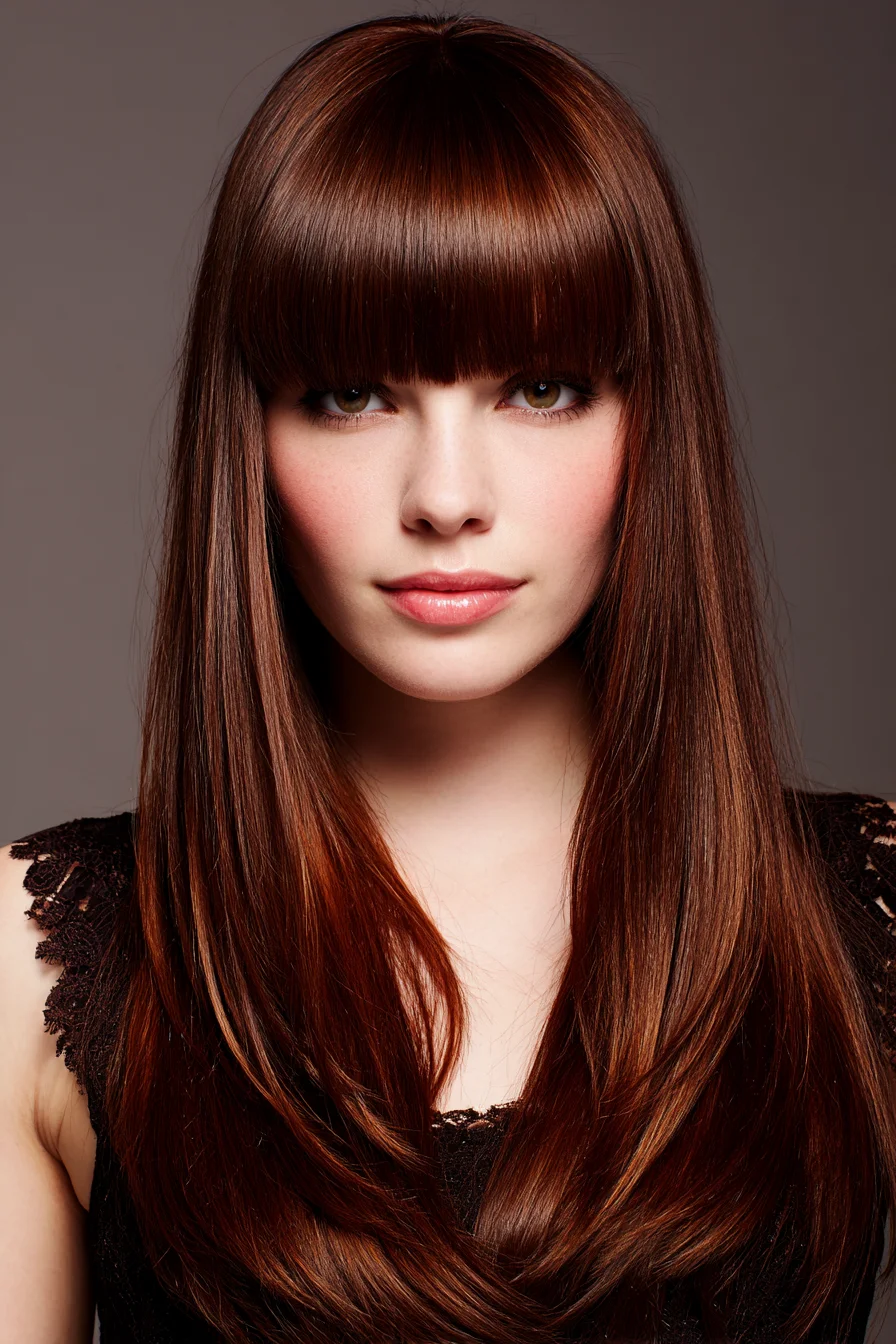 Sleek Long Layers with Blunt Fringe for Everyday Chic