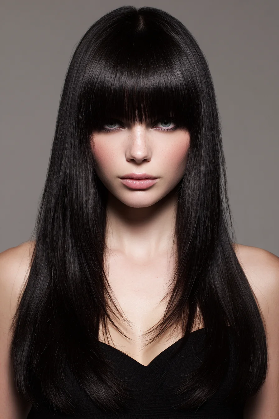 Sleek Long Layers with Blunt Fringe for Shine