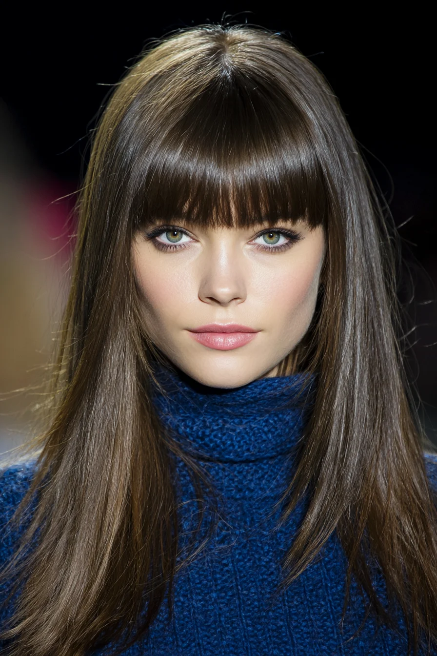 Sleek Long Layers with Blunt Fringe Modern Retro Vibe