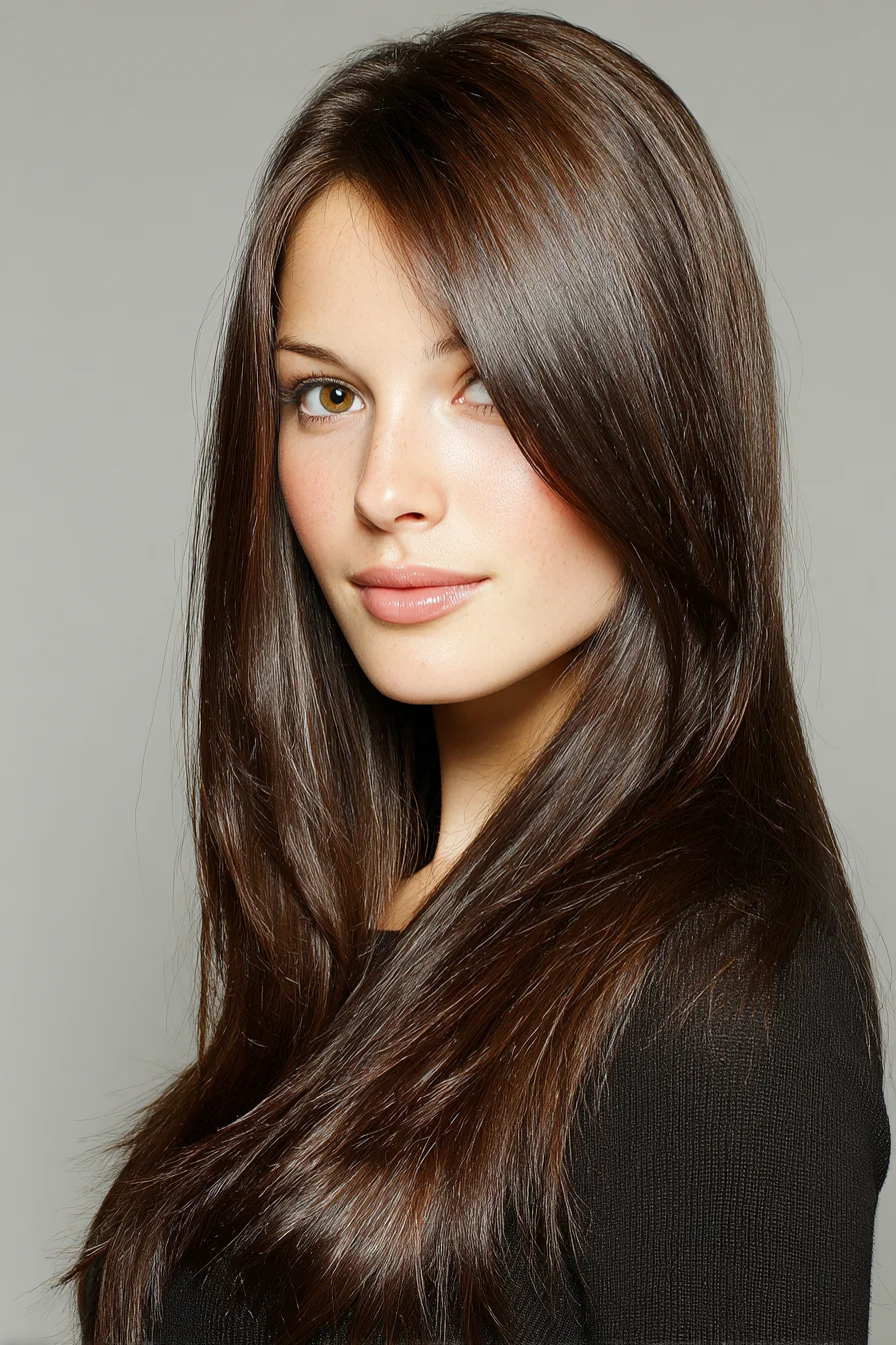 Sleek Long Layers with Face-Framing Side Sweep