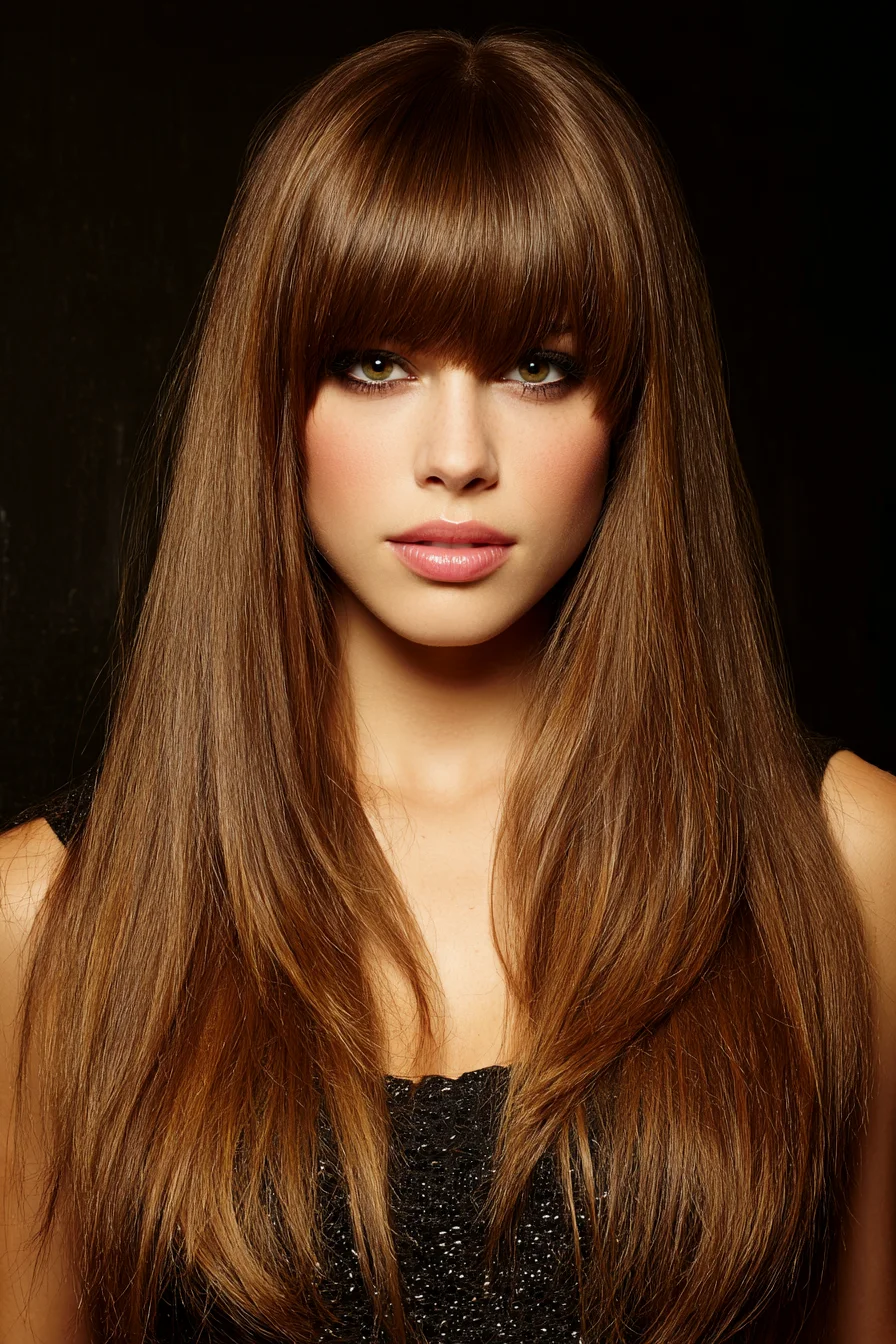 Sleek Long Layers with Full Blunt Bangs and Shine