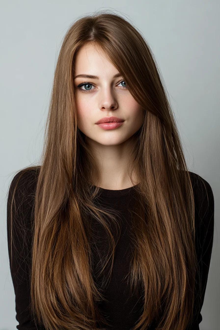 Sleek Long Layers with Soft Face-Framing Curtain Bangs