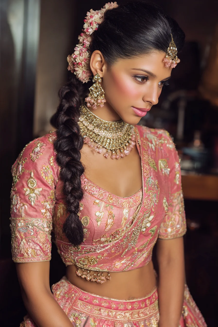 Sleek Low Side Braid with Floral Gajra for Bridal Looks