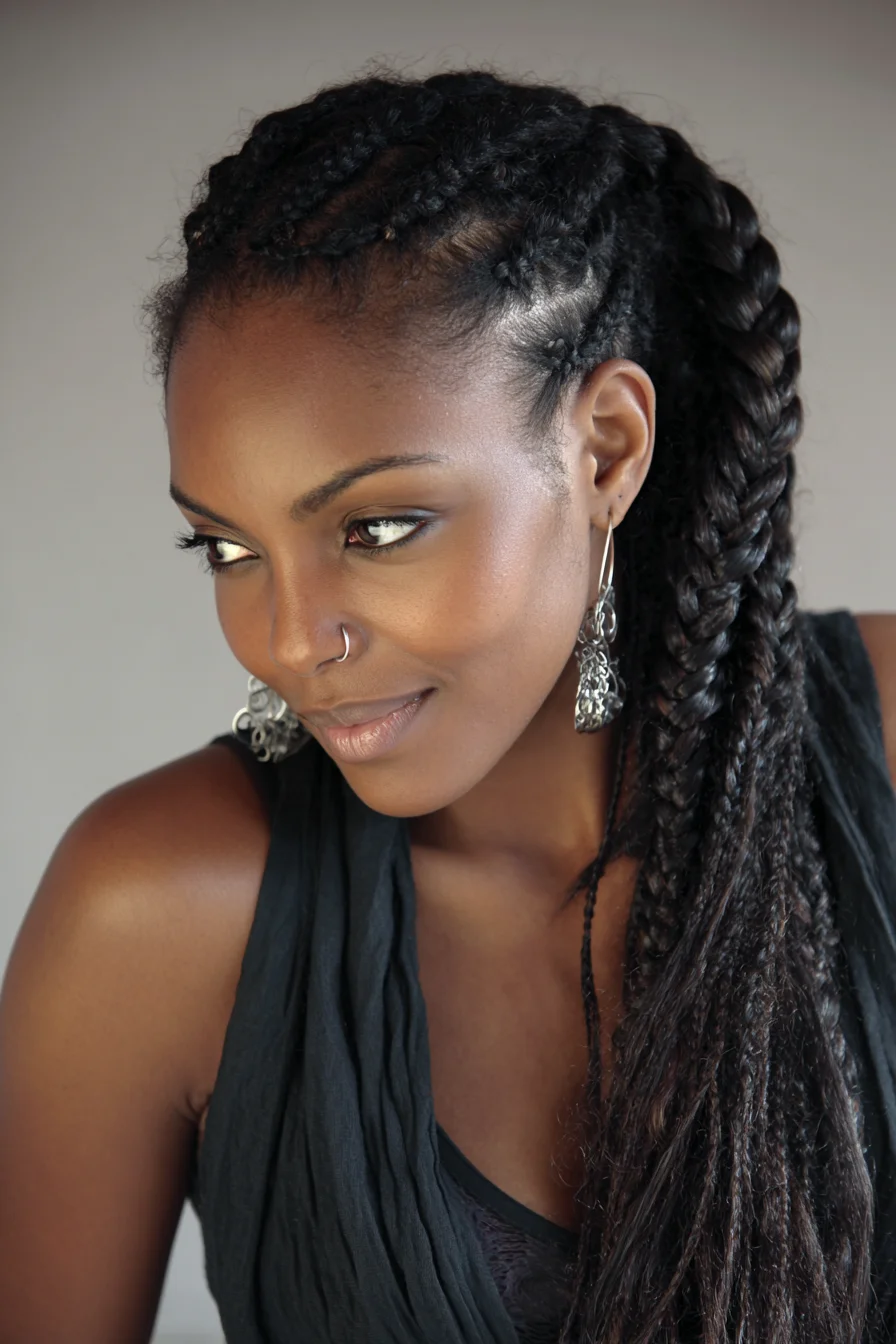 Sleek Side Feed-In Cornrows with Loose Braided Ponytail