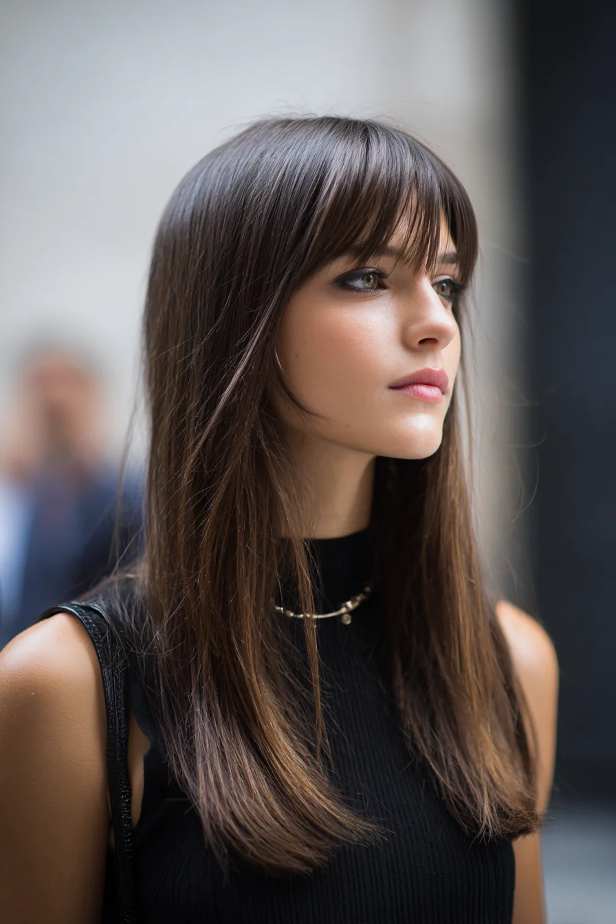 Sleek Straight Hair with Curtain Bangs and Layers