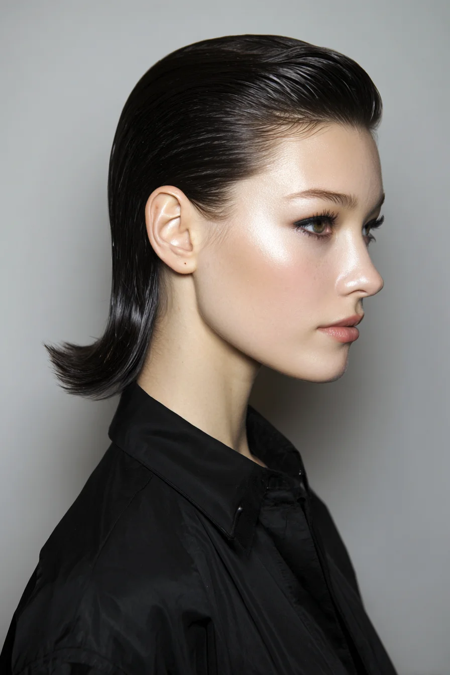 Slicked-Back Wet Bob with Flipped-Out Ends and Shine
