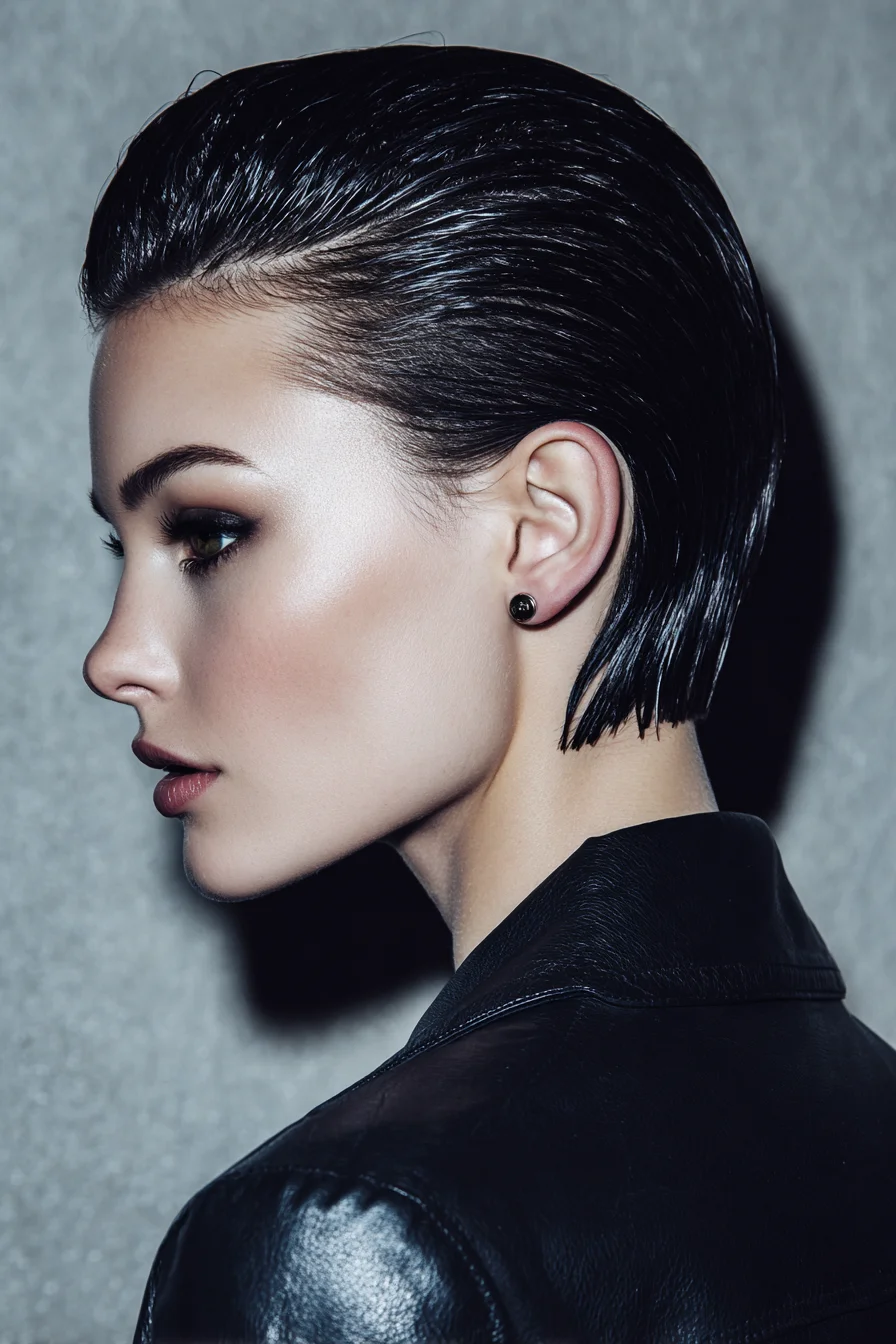 Slicked-Back Wet Look for Short Hair Edgy Evening Style