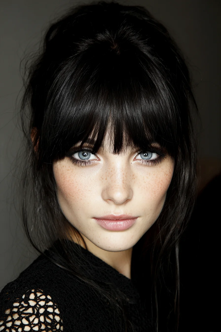 Soft Blunt Bangs with Tousled Low Bun and Face-Framing Strands