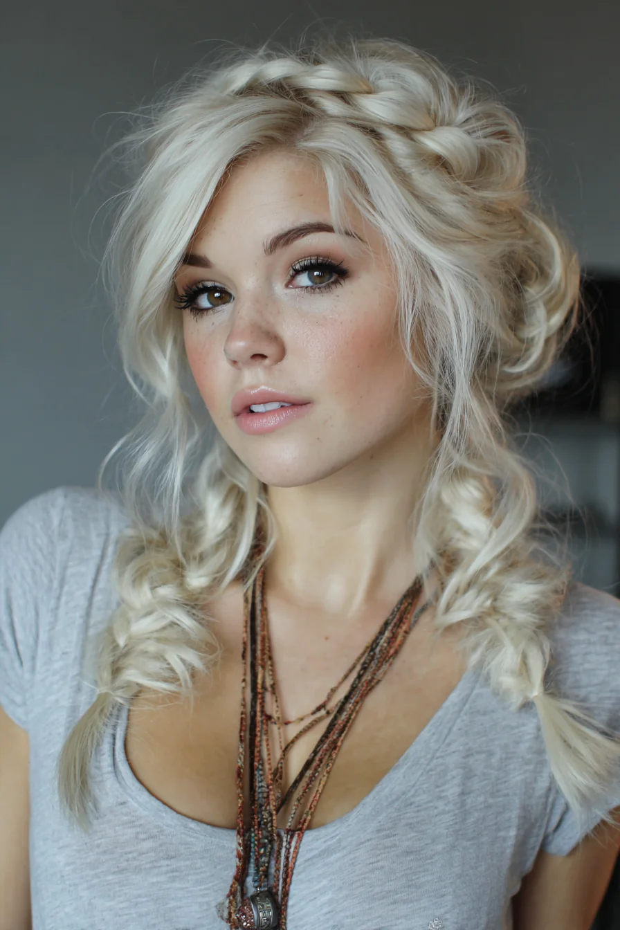 Soft Boho Braids with a Messy Side Bun and Face-Framing Pieces