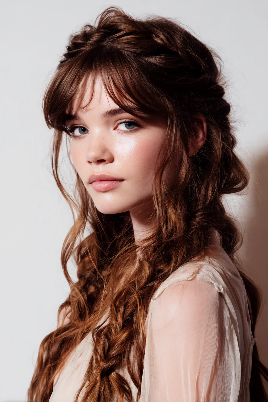 Soft Boho Half-Up with Twists and Curtain Bangs