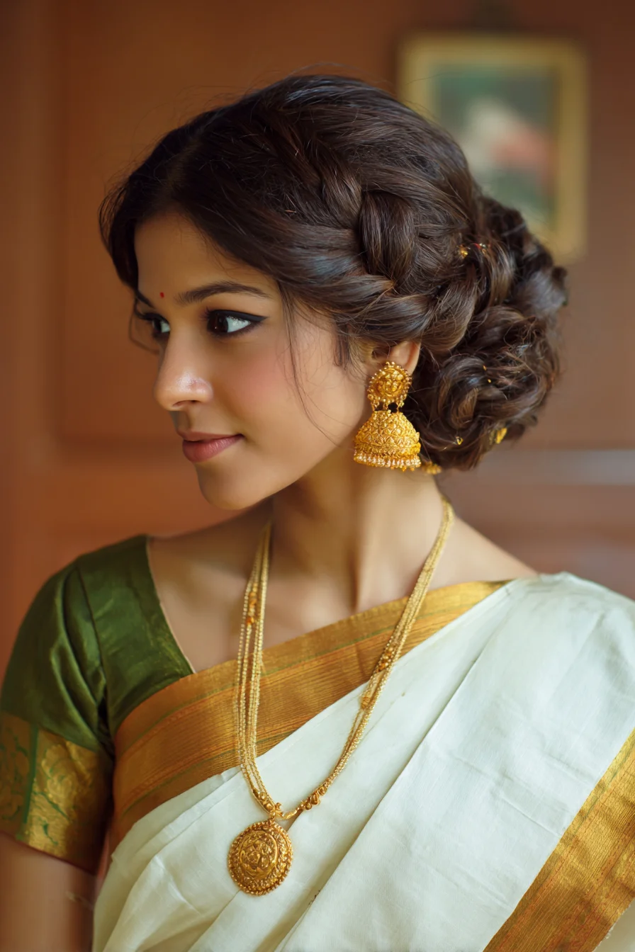 Soft Braided Low Bun with Traditional Gold Accessories