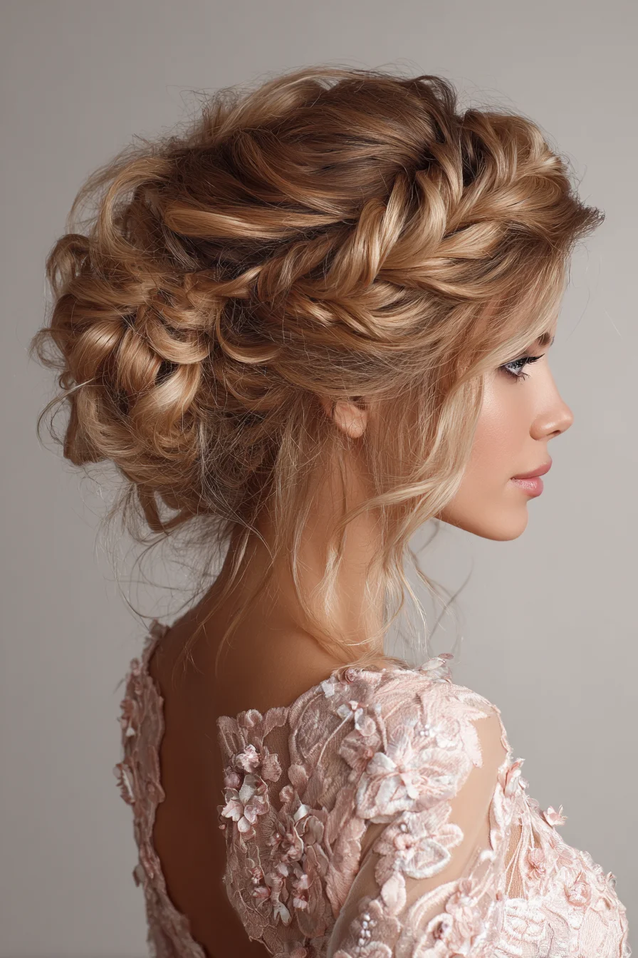 Soft Braided Messy Updo with Face-Framing Tendrils