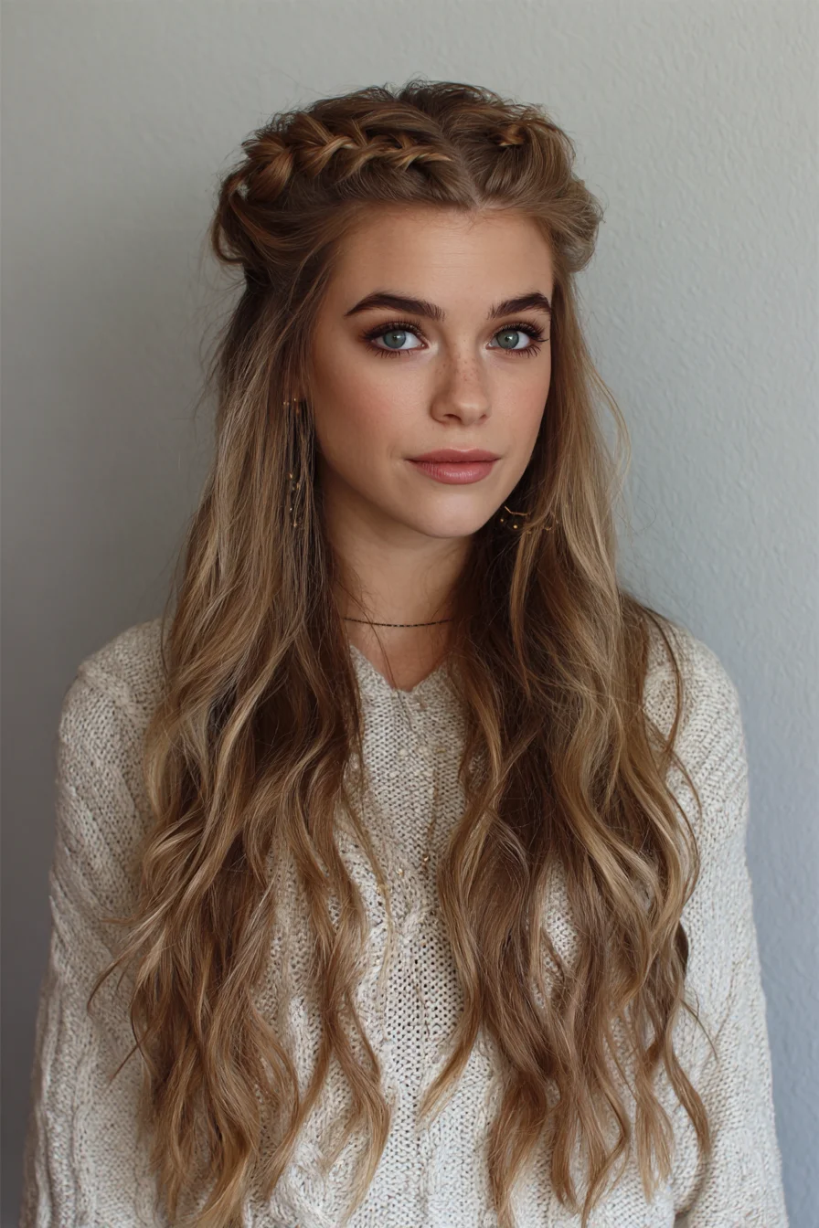 Soft Crown Braids with Loose Beachy Waves Casual Half-Up