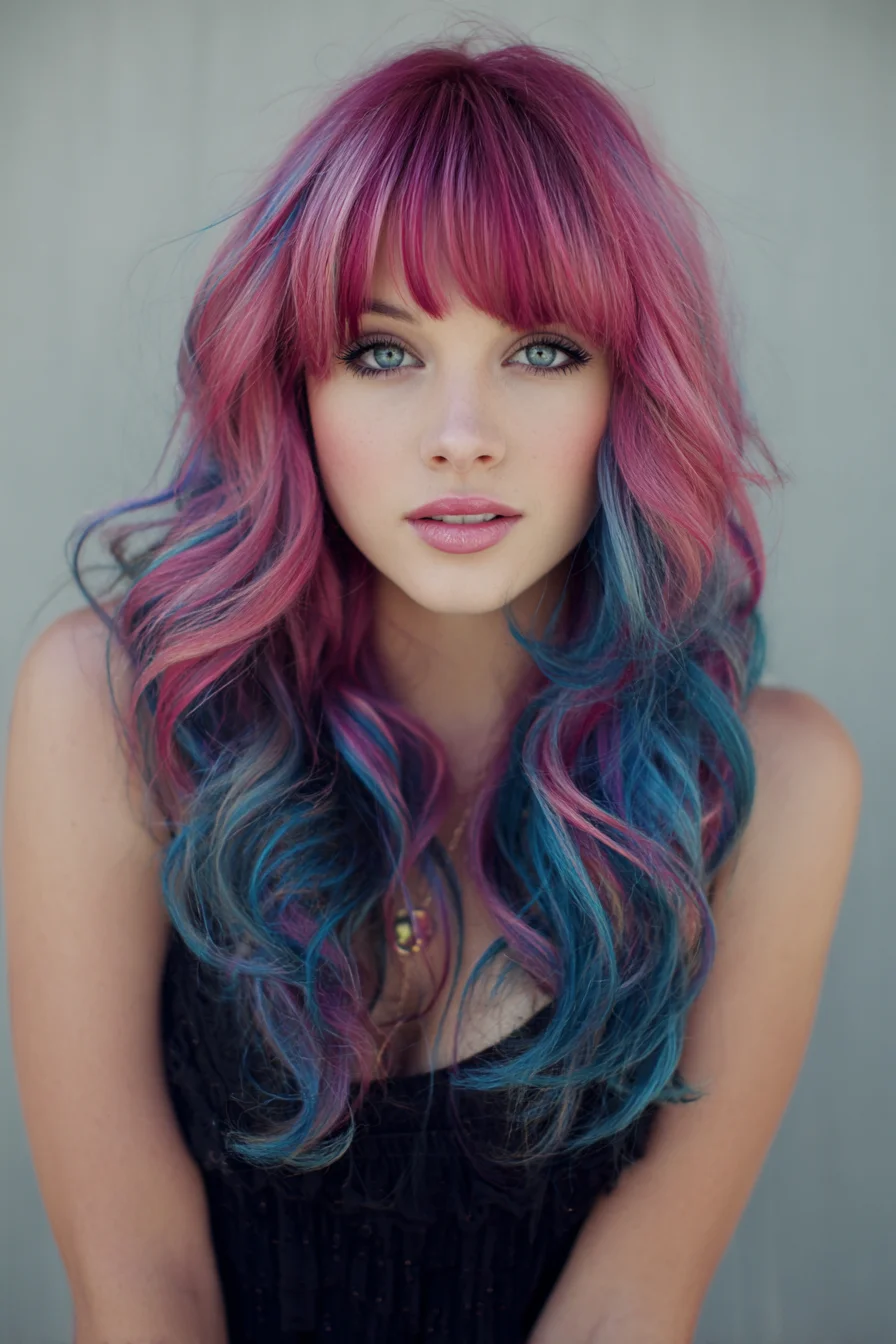 Soft Curtain Bangs with Pink-to-Blue Ombre Waves