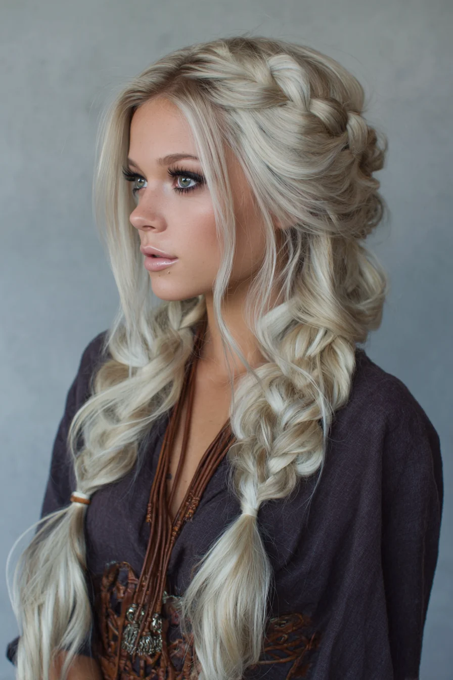 Soft Double Braids with Braided Crown and Loose Waves