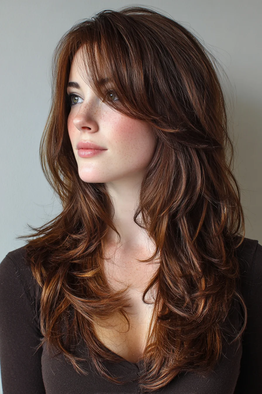 Soft Feathered Layers with Face-Framing Bangs for Volume