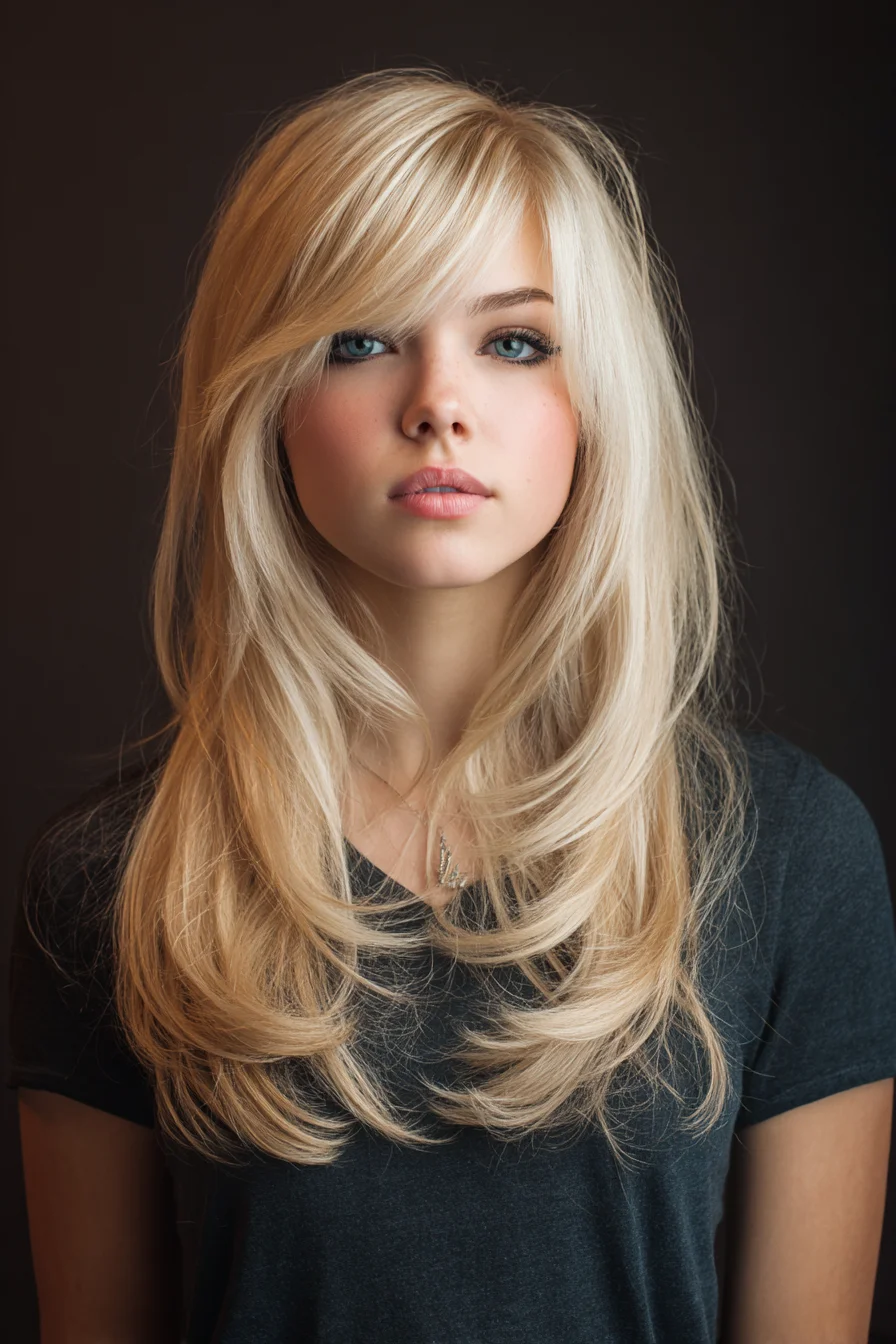 Soft Feathered Layers with Side-Swept Fringe and Face-Framing